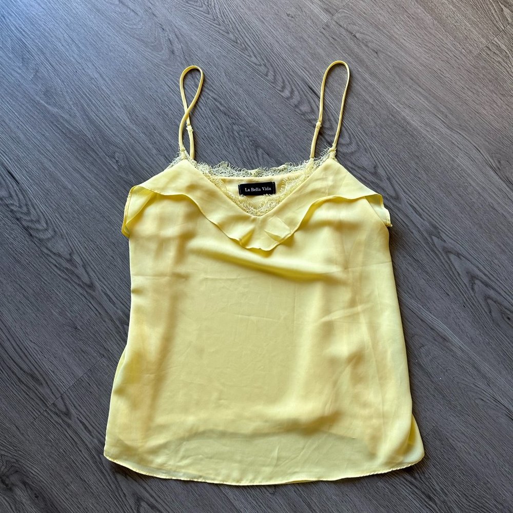 Yellow Silk Tank Top Lace Blouse - La Bella Vida - Small
